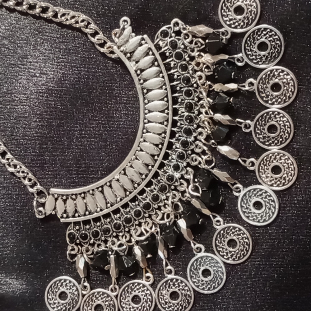 Premiere design statement necklace 14+3 . Black opalescent & coin tassel